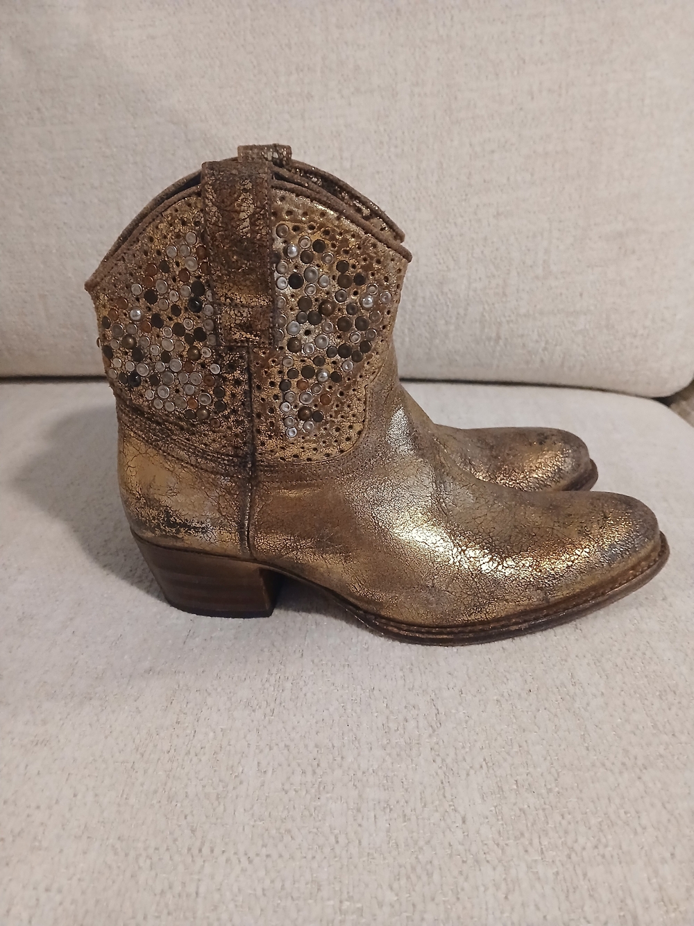 •FRYE• 'Deborah' Metallic Gold Western Ankle Boots with Stud Detail - Picture 5 of 15